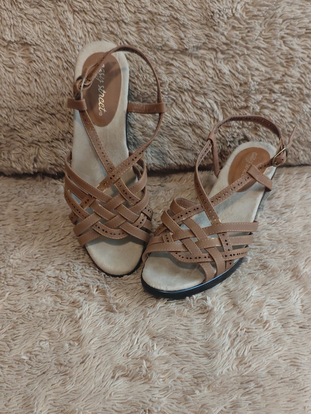 easy street Tan Woven Strappy Women's Sandals with Ankle Buckle